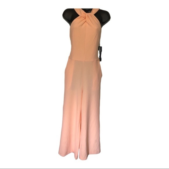 Rachel Roy pink blush crepe halter wide leg twist front midi jumpsuit size large - Picture 12 of 16